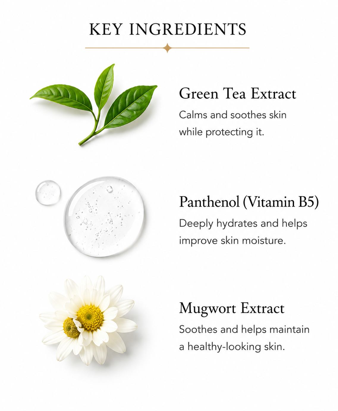 Key ingredients: green tea extract, panthenol vitamin B5 and mugwort extract, shown with a leaf, a droplet and a flower