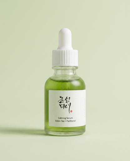 Beauty of Joseon Calming Serum Green Tea + Panthenol 30ml - green serum dropper bottle on a pale green background