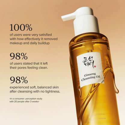 Beauty of Joseon Ginseng Cleansing Oil 210ml - amber cleansing oil bottle beside consumer results