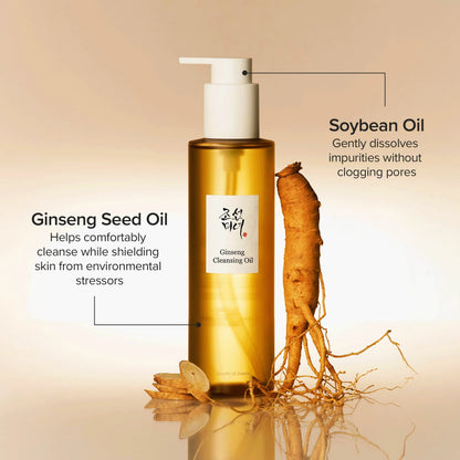 The bottle beside a ginseng root with key ingredients: soybean oil to dissolve impurities and ginseng seed oil to cleanse and shield skin