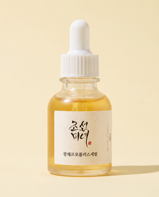 Beauty of Joseon Glow Serum Propolis + Niacinamide 30ml - amber dropper bottle, front label, pale yellow background