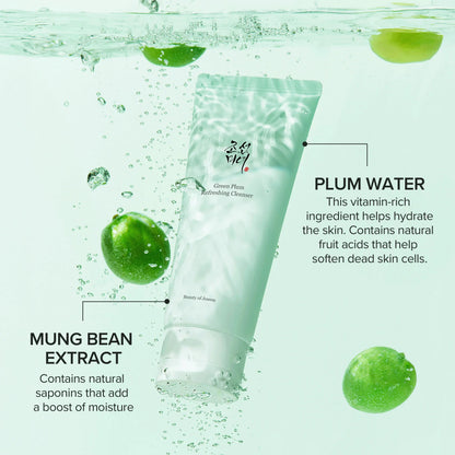 Beauty of Joseon Green Plum Gel Cleanser 100ml - cleanser tube in water with green plums and ingredient callouts