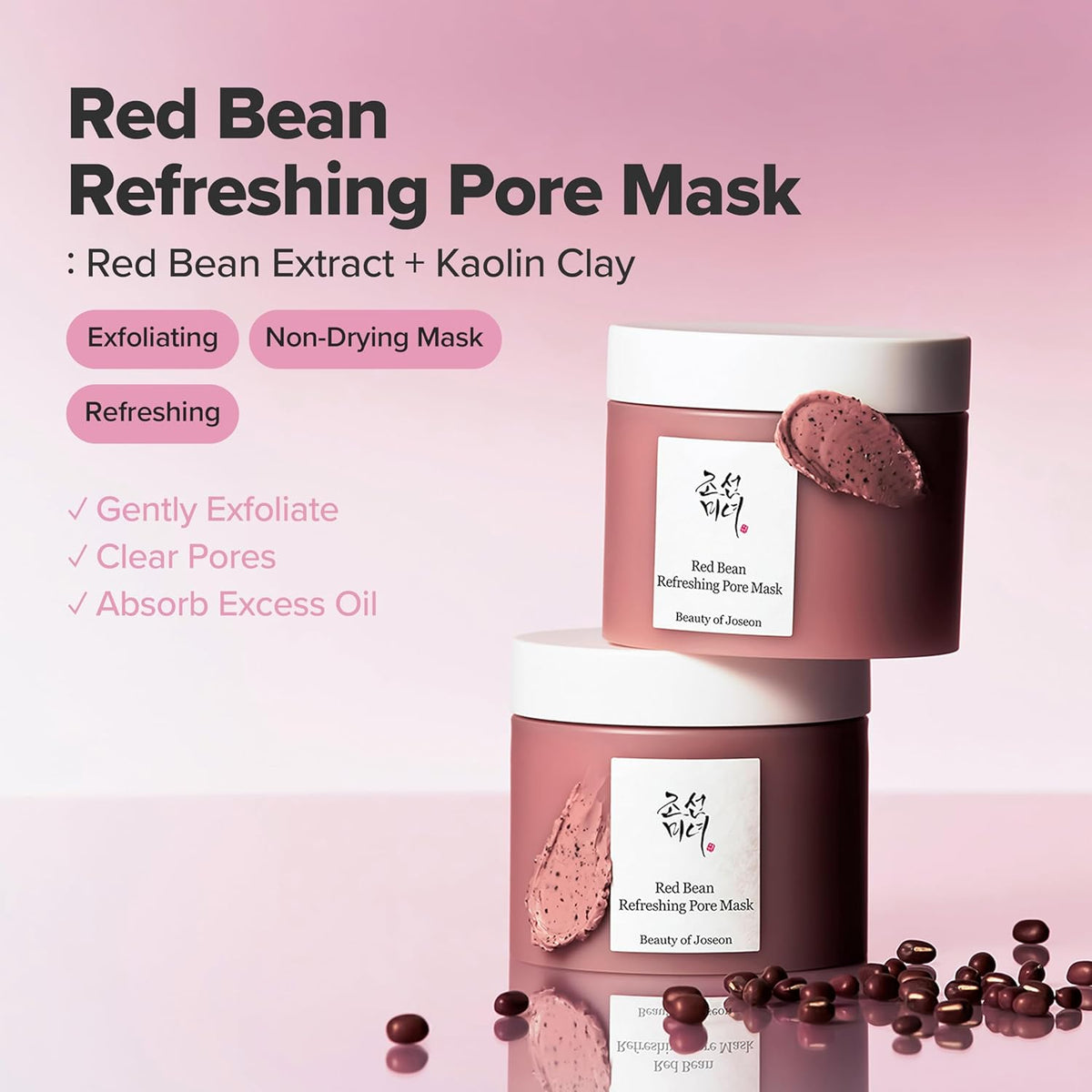 Two Red Bean Refreshing Pore Mask jars beside red beans: red bean extract plus kaolin clay, an exfoliating non-drying mask to clear pores and absorb oil