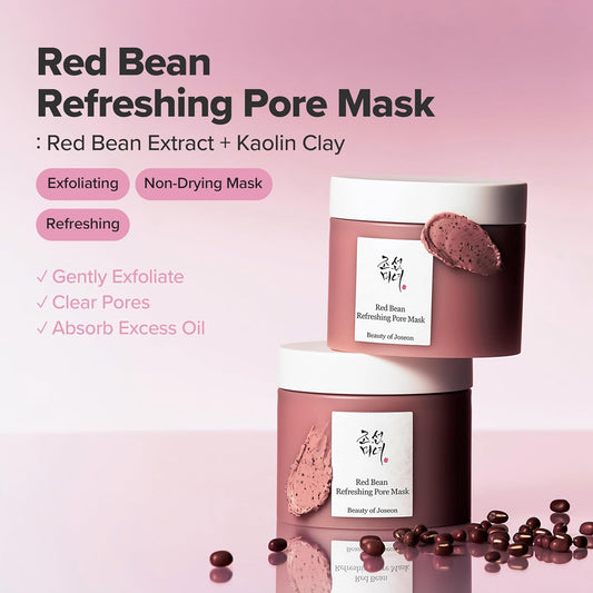 Two Red Bean Refreshing Pore Mask jars beside red beans: red bean extract plus kaolin clay, an exfoliating non-drying mask to clear pores and absorb oil