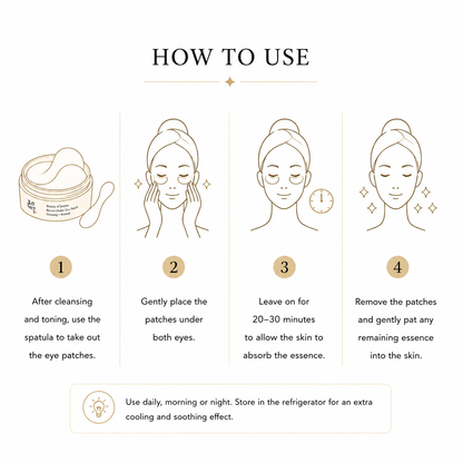 How to use in four illustrated steps: take out with the spatula after cleansing, place under both eyes, leave 20 to 30 minutes, remove and pat in the essence