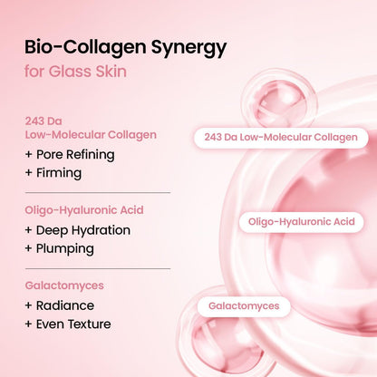 Bio-collagen synergy explained: 243 Da low-molecular collagen for pore refining and firming, oligo-hyaluronic acid for hydration and plumping, galactomyces for radiance