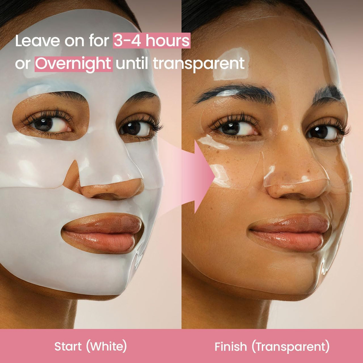 A model wearing the mask white at the start and transparent at the finish, left on for three to four hours or overnight