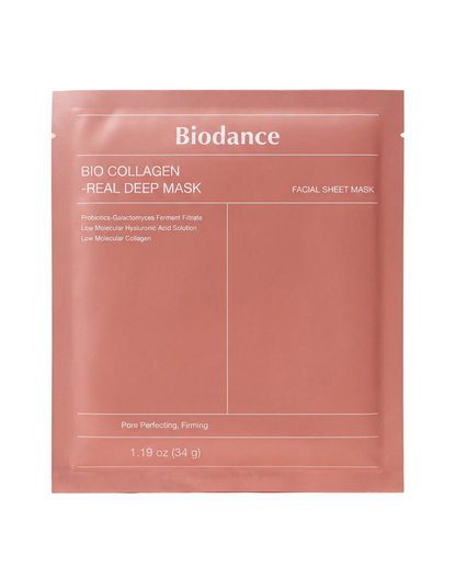 Biodance Bio-Collagen Deep Mask 4 Pack - single coral foil sachet, front of pack, on a pink background