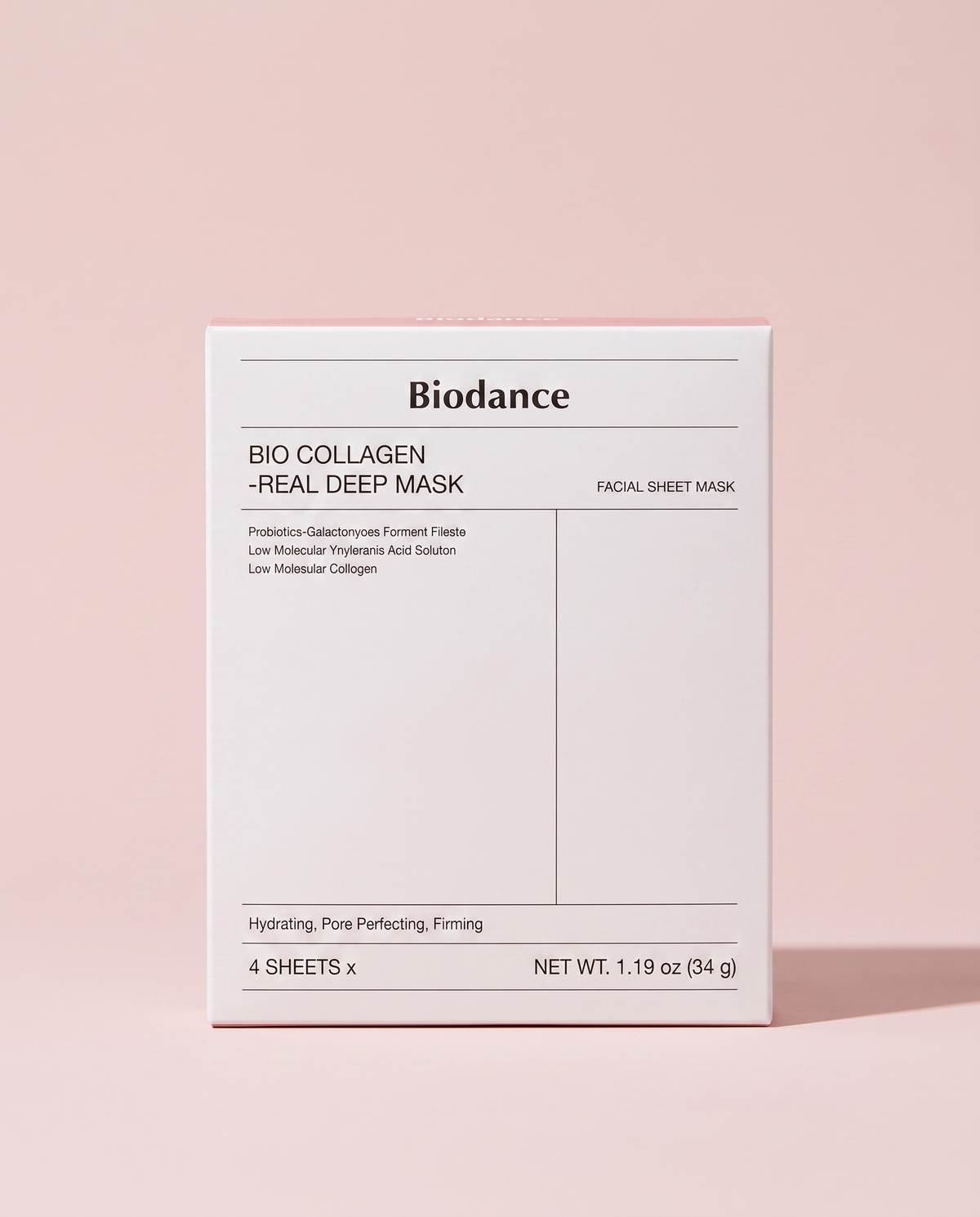 Biodance Bio-Collagen Deep Mask 4 Pack - retail carton, front of pack, on a pink background