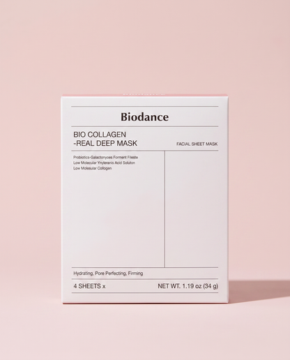 Biodance Bio-Collagen Deep Mask 4 Pack - retail carton, front of pack, on a pink background