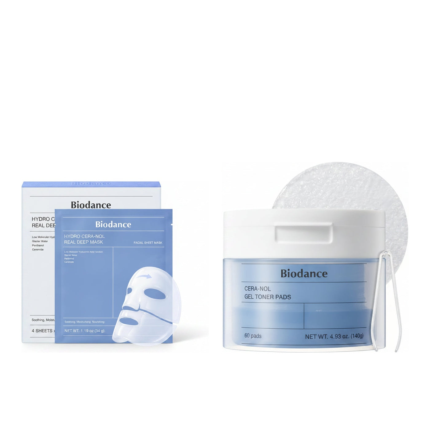 Biodance Cera-nol Barrier Duo - Hydro Cera-nol Real Deep Mask 4 pack and Cera-NOL Gel Toner Pads 60 pads