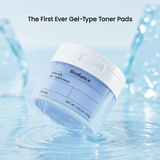 Cera-nol Gel Toner Pads jar in a splash of water, described as the first ever gel-type toner pads