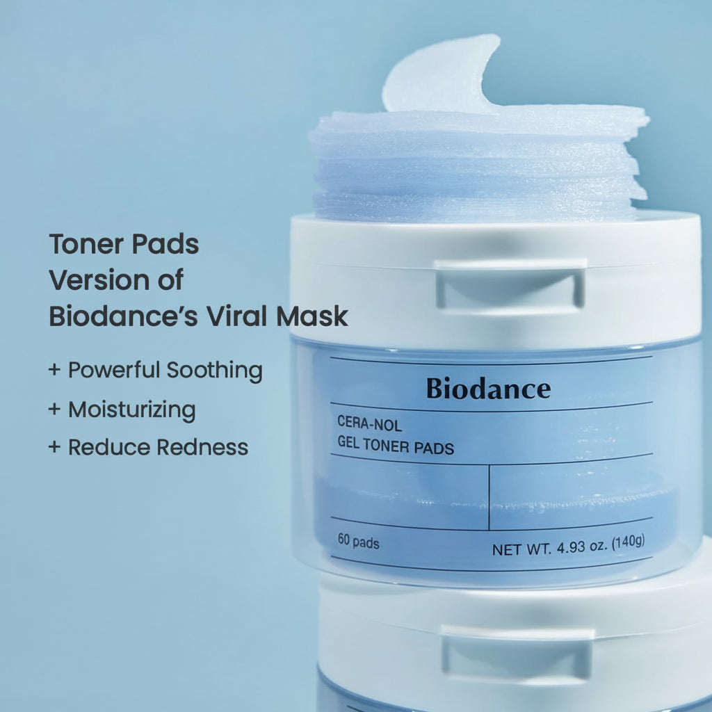 Stacked jars with a gel pad lifted: the toner-pad version of Biodance's viral mask, for powerful soothing, moisturising and reduced redness