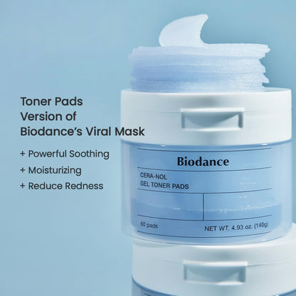 Stacked jars with a gel pad lifted: the toner-pad version of Biodance's viral mask, for powerful soothing, moisturising and reduced redness