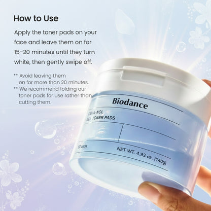 How to use beside a hand holding the jar: apply the pads for 15 to 20 minutes until they turn white, then swipe off; fold rather than cut