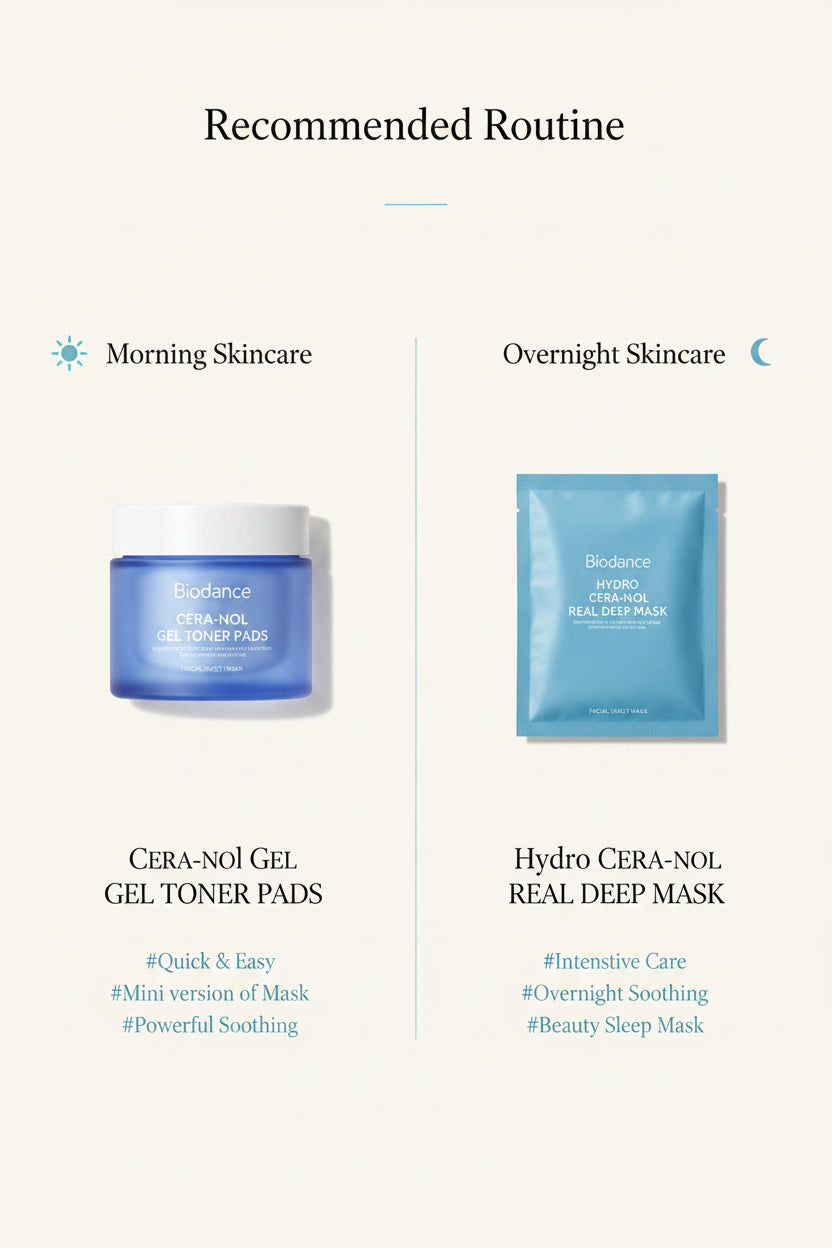 Recommended routine: Cera-nol Gel Toner Pads for morning skincare and the Hydro Cera-nol Real Deep Mask for overnight
