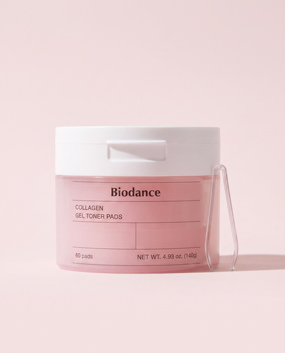 Biodance Collagen Gel Toner Pads 60 Pads 140g - closed pink jar, front label, on a pink background