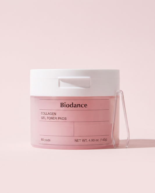 Biodance Collagen Gel Toner Pads 60 Pads 140g - closed pink jar, front label, on a pink background