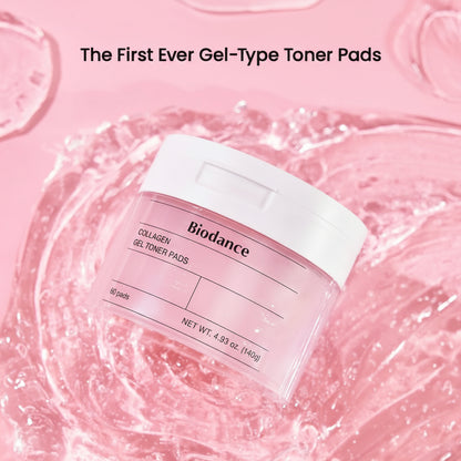 Collagen Gel Toner Pads jar in a splash of pink gel, described as the first ever gel-type toner pads