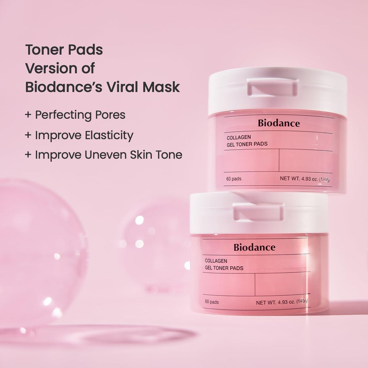 Two jars on a pink background, the toner-pad version of Biodance's viral mask, for perfecting pores, elasticity and uneven tone