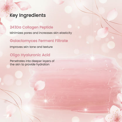 Key ingredients on a pink gel background: 243 Da collagen peptide, galactomyces ferment filtrate and oligo hyaluronic acid