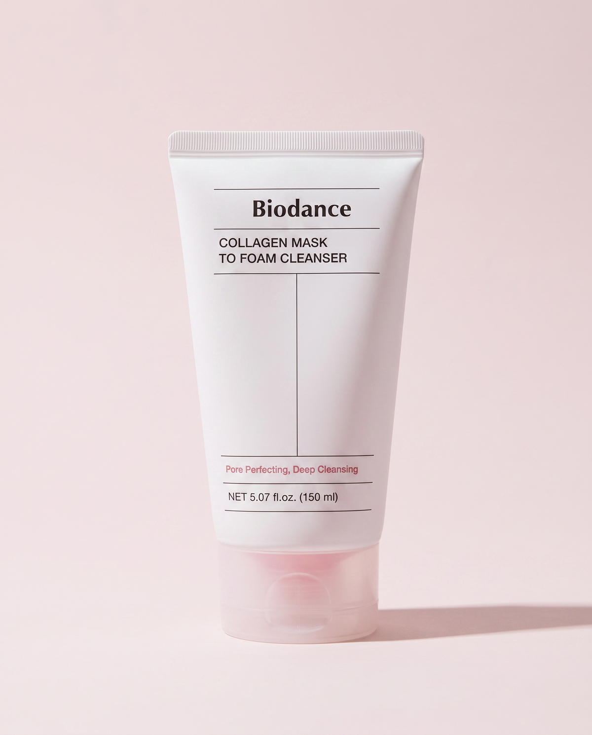 Biodance Collagen Mask To Foam Cleanser 150ml - pink tube standing on a pale pink background