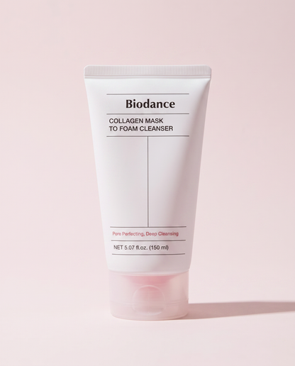 Biodance Collagen Mask To Foam Cleanser 150ml - pink tube standing on a pale pink background