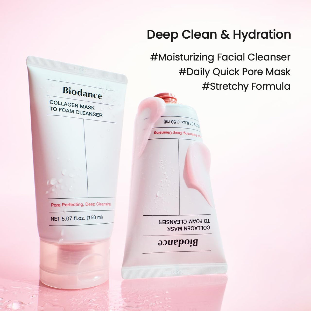 Two Collagen Mask To Foam Cleanser tubes, one squeezing out pink gel, tagged moisturising facial cleanser, daily quick pore mask and stretchy formula