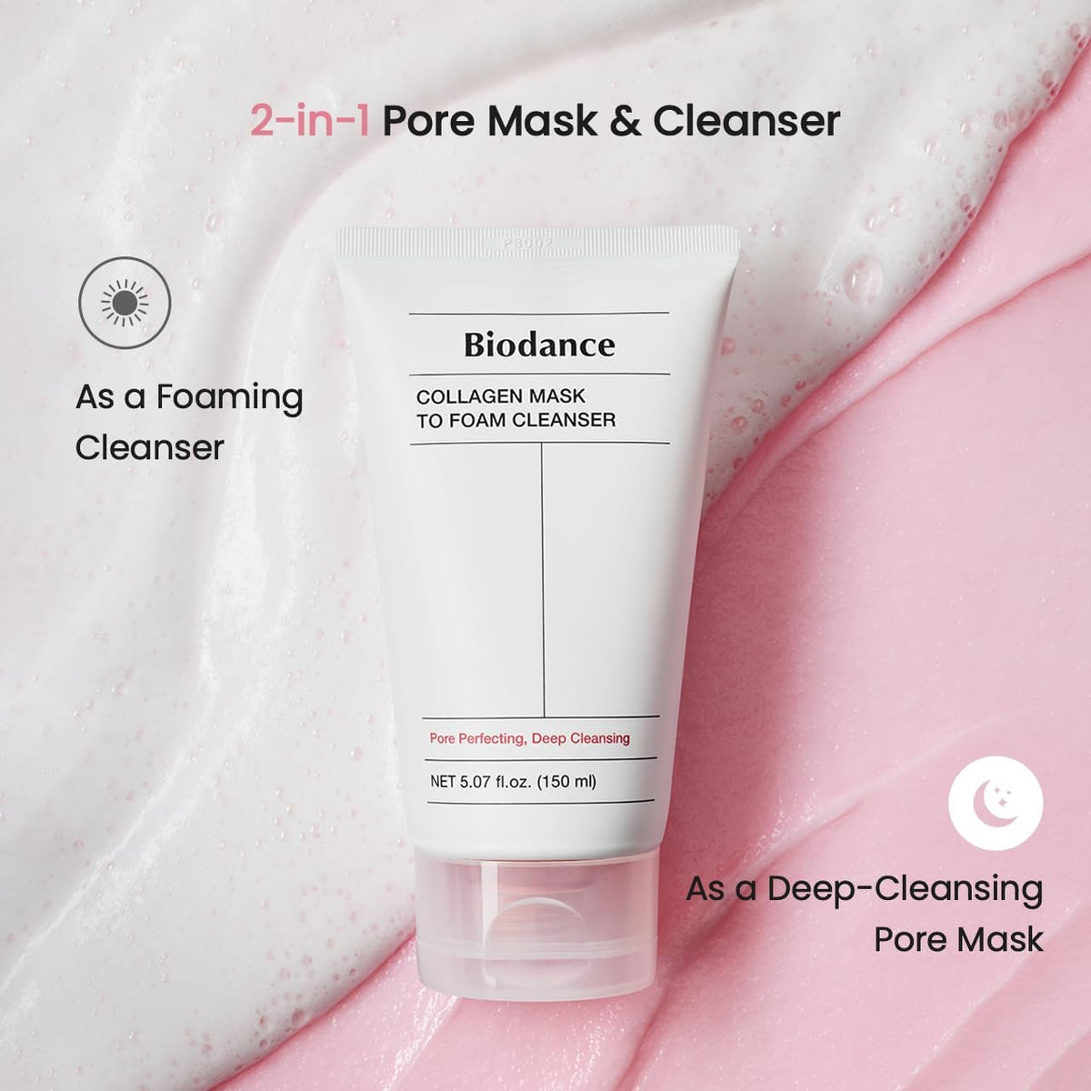 Two-in-one pore mask and cleanser: the tube between foam and pink gel, as a foaming cleanser by day and a deep-cleansing pore mask by night