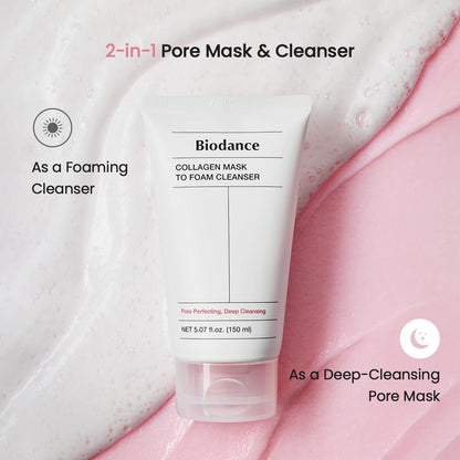 Two-in-one pore mask and cleanser: the tube between foam and pink gel, as a foaming cleanser by day and a deep-cleansing pore mask by night