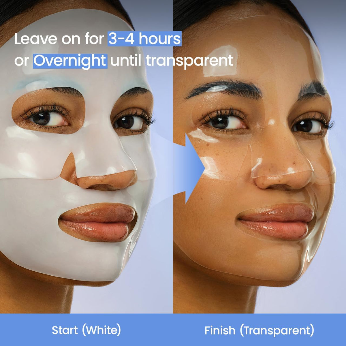 A model wearing the mask white at the start and transparent at the finish, left on for three to four hours or overnight