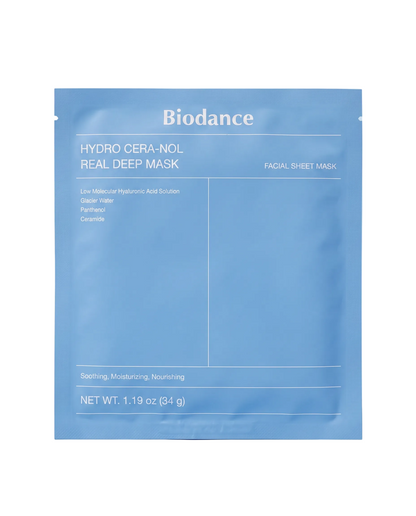 Biodance Hydro Cera-nol Deep Mask 4 Pack - single blue foil sachet, front of pack, on a blue background