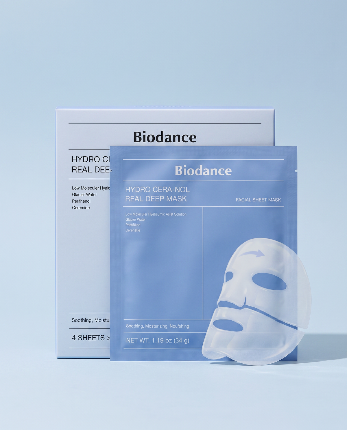 Biodance Hydro Cera-nol Deep Mask 4 Pack - carton with a sachet and the sheet mask displayed, on a blue background