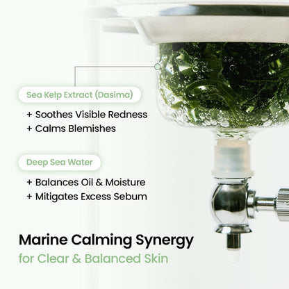 Marine calming synergy: sea kelp extract to soothe redness and calm blemishes, deep sea water to balance oil and moisture, shown with kelp in a glass vessel