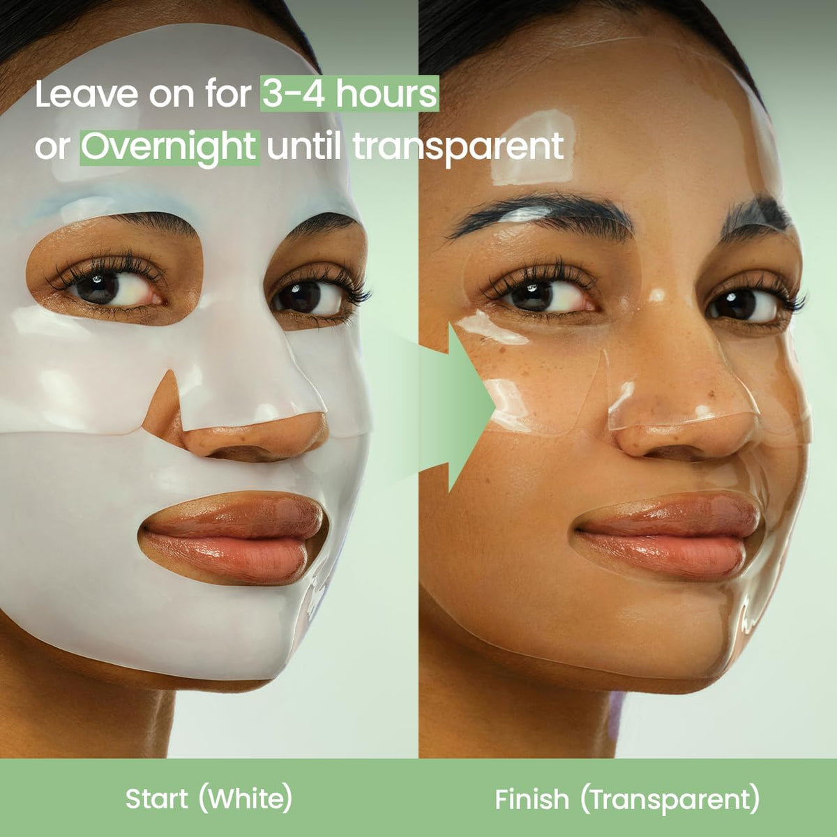 A model wearing the mask white at the start and transparent at the finish, left on for three to four hours or overnight