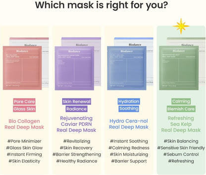 Which mask is right for you: the four Biodance masks compared, with Refreshing Sea Kelp highlighted for calming and blemish care