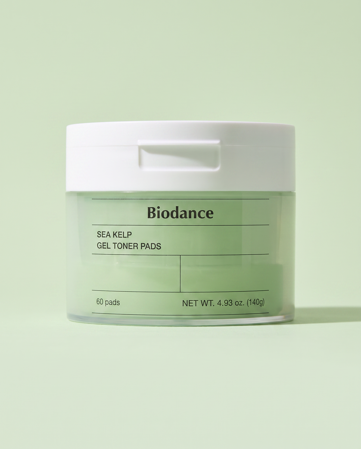 Biodance Sea Kelp Gel Toner Pads 60 Pads 140g - green jar, front label, on a pale green background