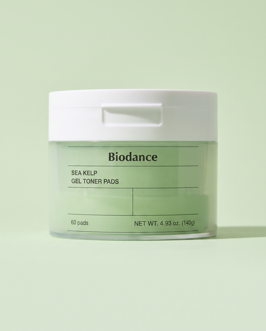 Biodance Sea Kelp Gel Toner Pads 60 Pads 140g - green jar, front label, on a pale green background