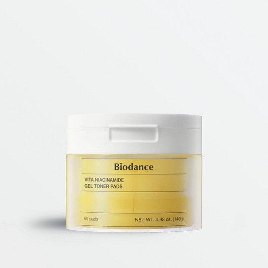 Biodance Vita Niacinamide Gel Toner Pads 60 Pads 140g - yellow jar angled to show the front label, white background