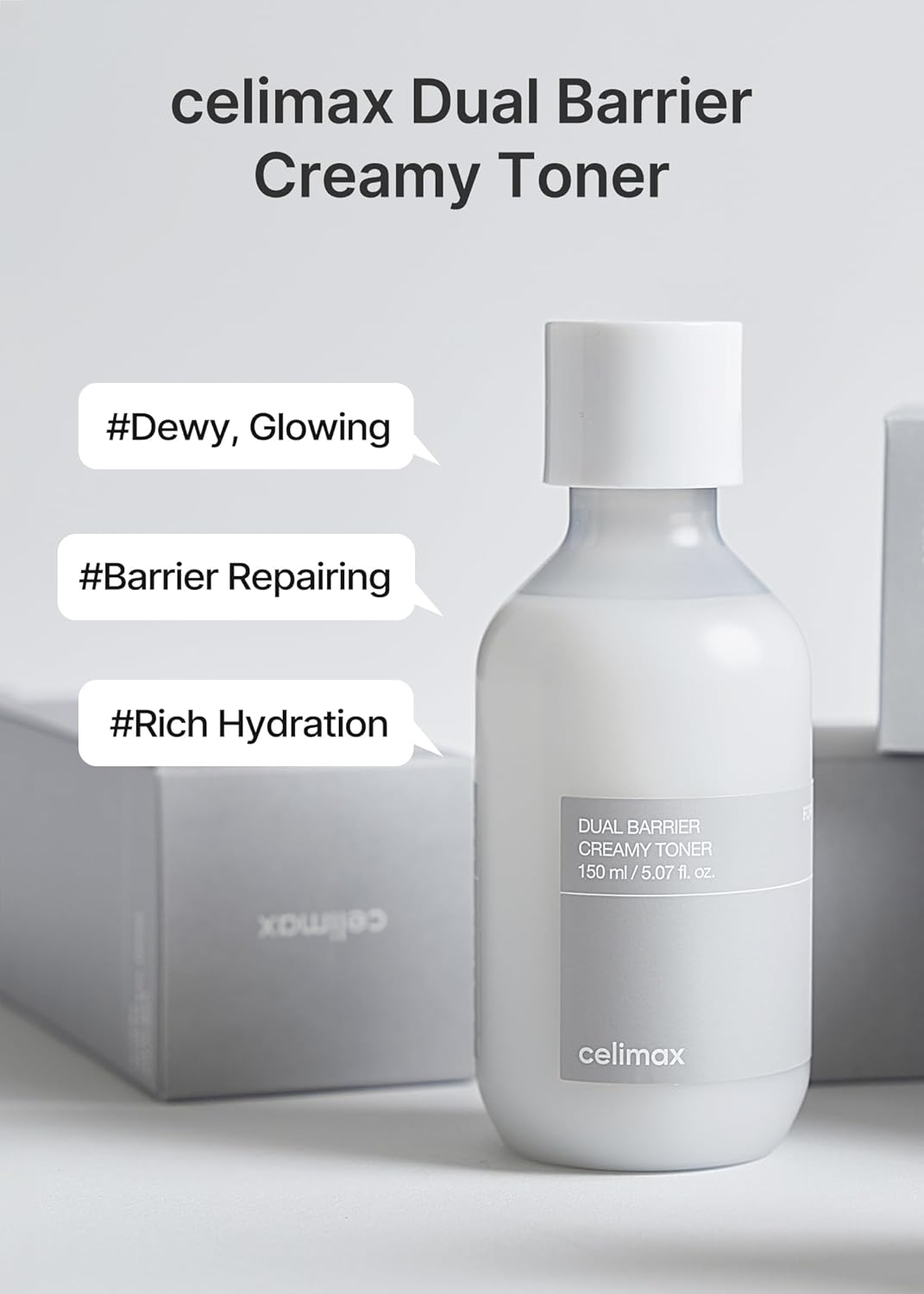 Celimax Dual Barrier Creamy Toner bottle on a grey box: dewy and glowing, barrier repairing, rich hydration