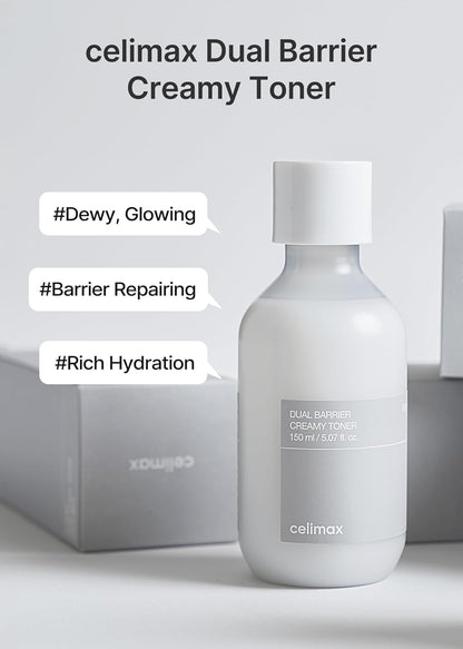 Celimax Dual Barrier Creamy Toner bottle on a grey box: dewy and glowing, barrier repairing, rich hydration
