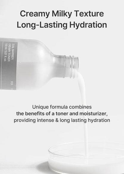 Creamy milky texture pouring from the bottle into a dish: a formula combining the benefits of a toner and moisturiser for long-lasting hydration