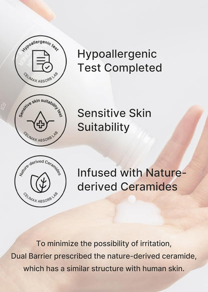 The bottle pouring onto a palm with three marks: hypoallergenic test completed, sensitive skin suitability, infused with nature-derived ceramides