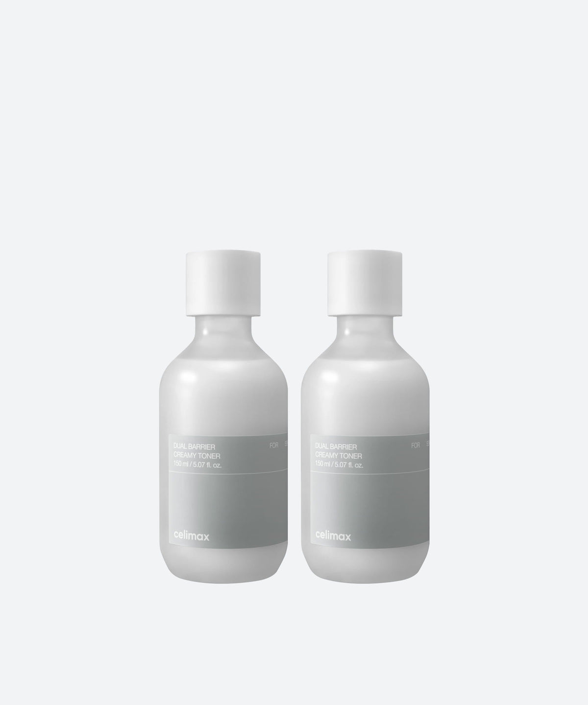 Celimax Dual Barrier Creamy Toner 150ml - two grey bottles side by side on a pale background