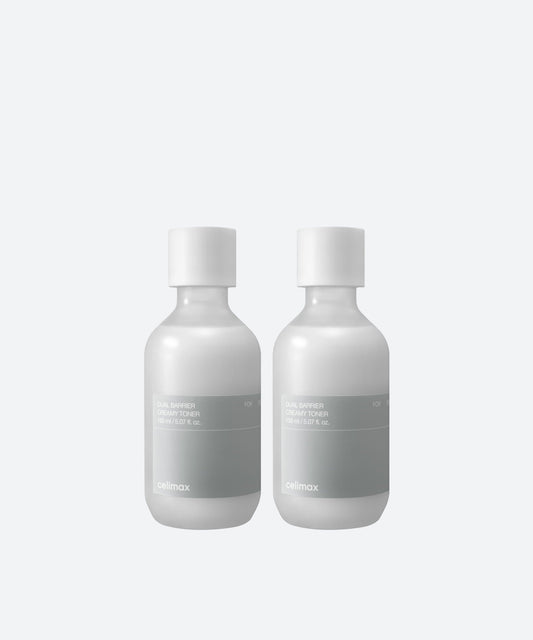 Celimax Dual Barrier Creamy Toner 150ml - two grey bottles side by side on a pale background