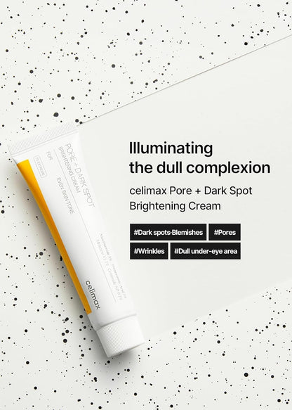 Pore plus Dark Spot Brightening Cream tube on a speckled background: illuminating the dull complexion, for dark spots, pores, wrinkles and dull under-eye area