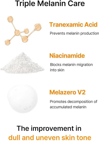 Triple melanin care: tranexamic acid prevents melanin production, niacinamide blocks migration, Melazero V2 promotes decomposition