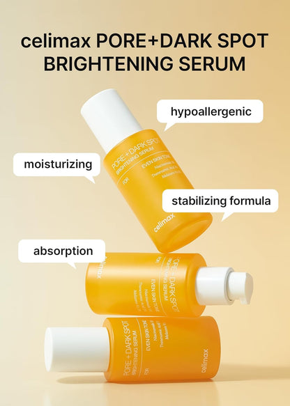 Three Pore plus Dark Spot Brightening Serum bottles stacked: hypoallergenic, moisturising, stabilising formula, absorption