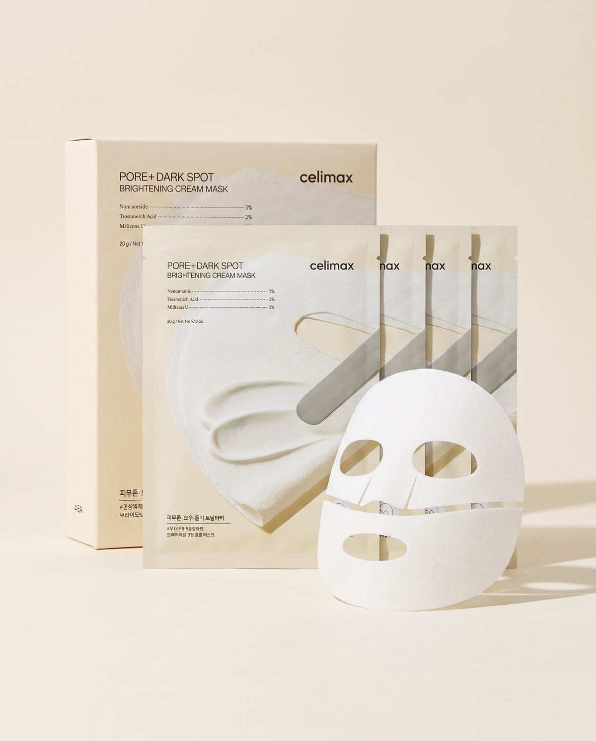 Celimax Pore+Dark Spot Cream Mask 4EA - mask sachets standing behind an unfolded sheet mask, cream background