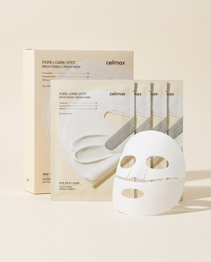 Celimax Pore+Dark Spot Cream Mask 4EA - mask sachets standing behind an unfolded sheet mask, cream background